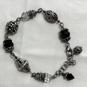 Brighton Jet Set Black & Clear Crystal Beaded Bracelet 9" Adjustable Oval Link